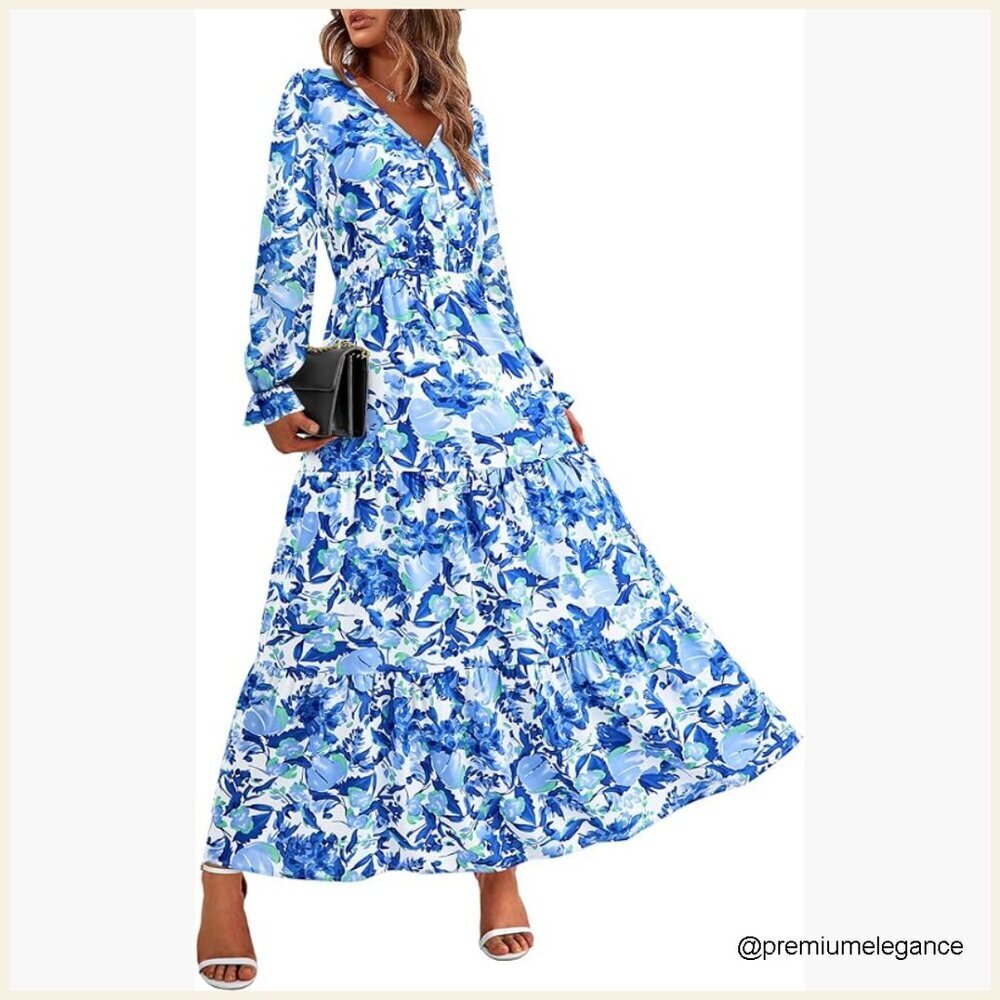 Long Sleeve V Neck Maxi Dress Floral Boho A-Line Wedding Guest Dress